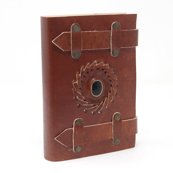 Leren notitieboek Zwart onyx met riempjes (15x10 cm)