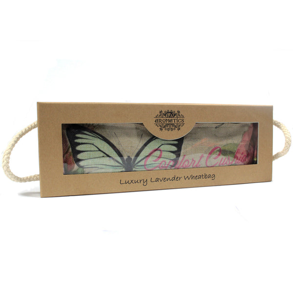 Luxus Wärmekissen mit Weizenkörner und Lavendel in Geschenkbox - Schmetterlinge & Rosen
