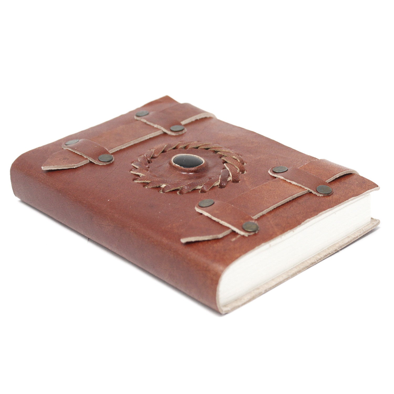 Leren notitieboek Zwart onyx met riempjes (15x10 cm)